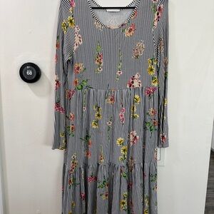 Floral and Stripe Stretchy Long Sleeve Dress